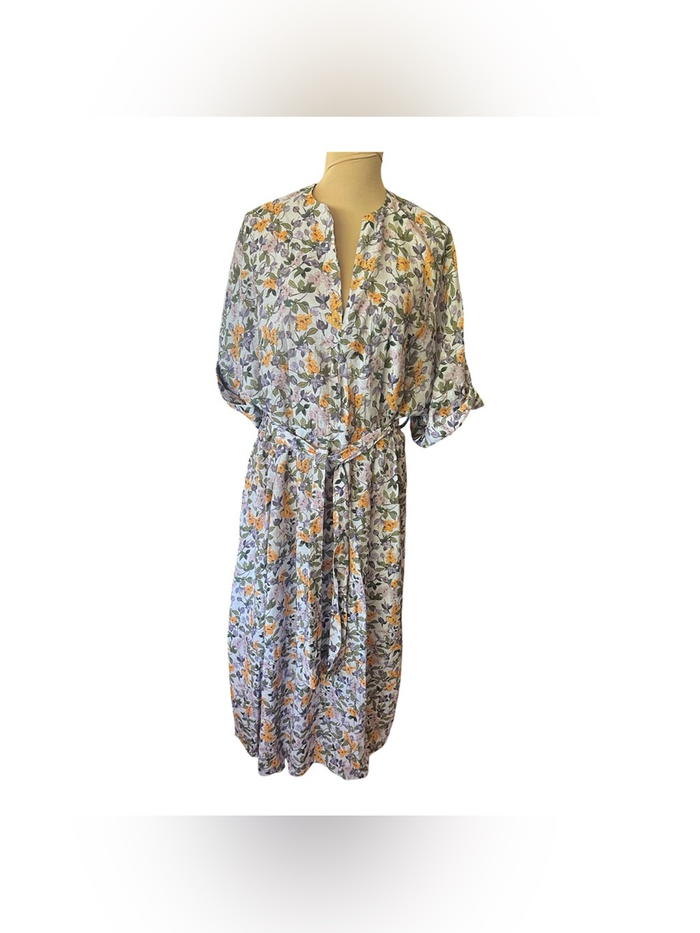 Vince Floral Print V-Neck Dress with belt, Size Large